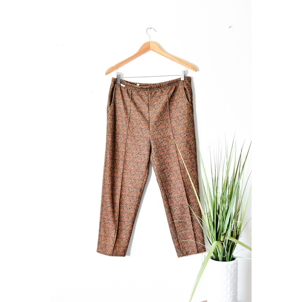 Vintage Paisley Trousers Women Large Brown 70s Elastic Waist Straight Leg Pants